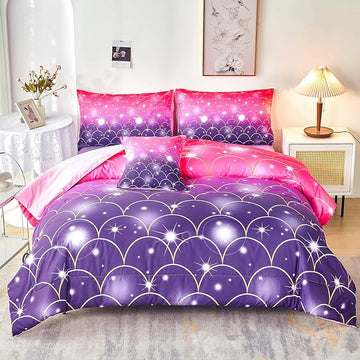 URBONUR Purple Glitter Comforter Set Full Size for Girls 6 Piece Bed in A Bag Comforter with Sheets Set, Gradient Pink Purple Sparkle Mermaid Fish Scales Bedding Comforter Set