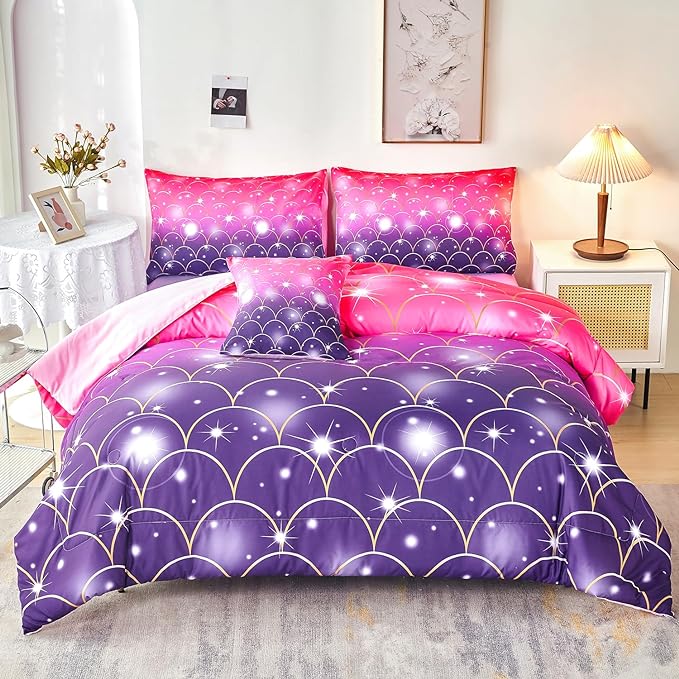 URBONUR Purple Glitter Comforter Set Full Size for Girls 6 Piece Bed in A Bag Comforter with Sheets Set, Gradient Pink Purple Sparkle Mermaid Fish Scales Bedding Comforter Set
