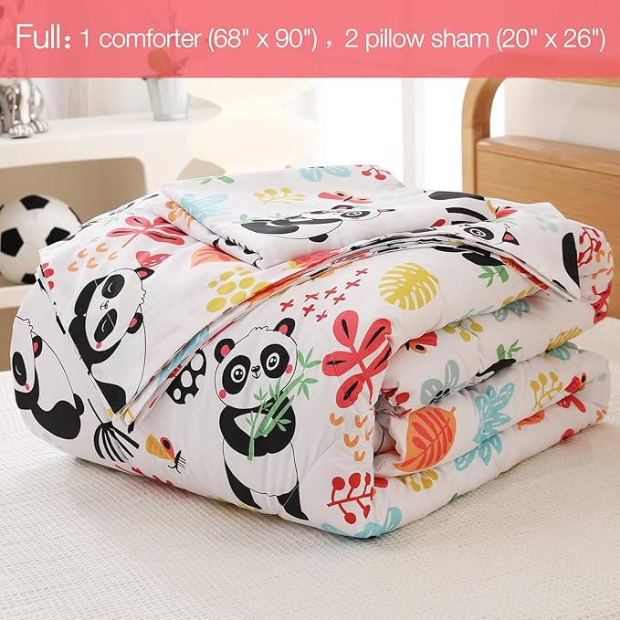 JSD Panda Flower Kids Comforter Set, 3 Pieces Full Microfiber Comforter with Pillow Shams, Soft Comfortable Machine Washable