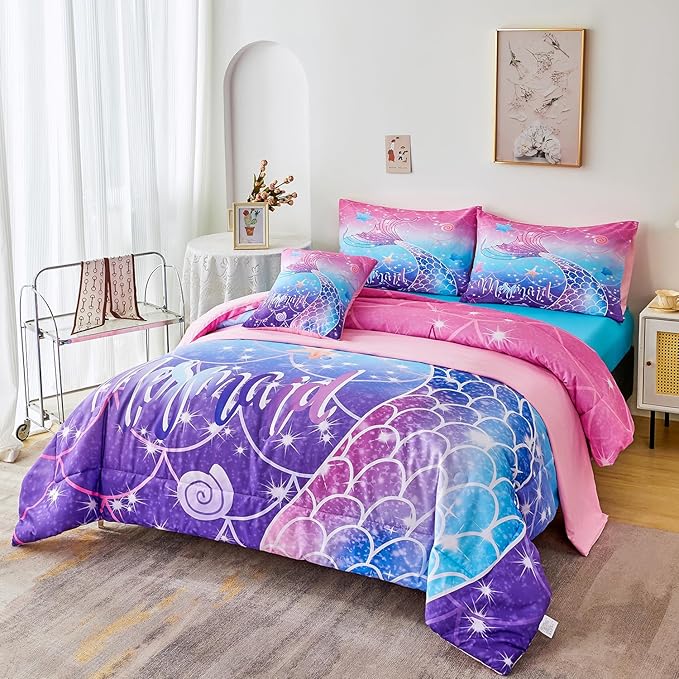 URBONUR 6Pcs Purple Blue Comforter Set Queen Size for Girls Bed in a Bag Queen Bedding Set with Comforter and Sheets Set, Gradient Mermaid Tail Printed Bed Sets for Teens Girls Women