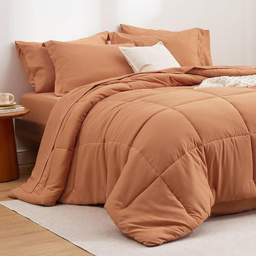 Bedsure Burnt Orange Full Size Comforter Set - 7 Pieces Solid Full Bed in a Bag, Full Bed Set Burnt Orange with Quilted Warm Fluffy Comforters, Sheets, Pillowcases & Shams