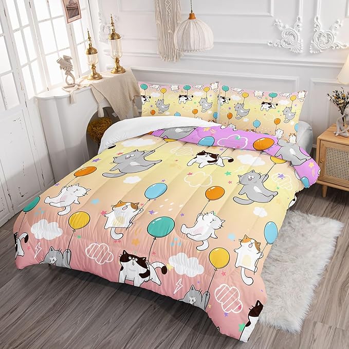 Datura home Kids Comforter Set Cute Cats Printed Pattern Bedding Set with 1 Comforter and 2 Pillowcases for Girls Boys Bedroom All Season(Cat1 Twin)