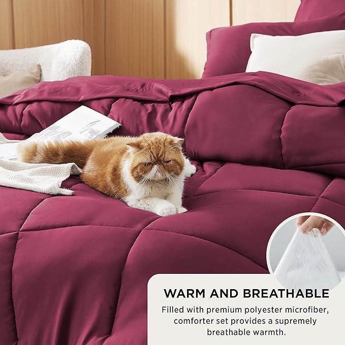 Bedsure Burgundy King Size Comforter Set - 7 Pieces Solid King Bed in a Bag, King Bed Set Burgundy with Comforters, Sheets, Pillowcases & Shams