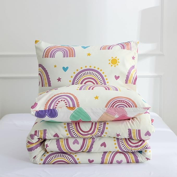 Btargot Lightweight Soft 3 Piece Rainbow Comforter Set with 2 Pillow Covers, Cartoon Love Hearts Suns and Stars Bedding Set for Girls Boys Kids, Queen Purple