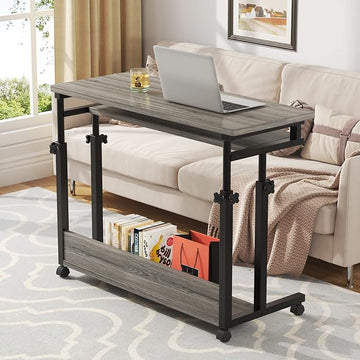 Tribesigns Portable Desk for Sofa and Bed, Height Adjustable Mobile Laptop Table Small Standing Desk Rolling Computer Cart with Keyboard Tray on Wheels for Home Office (Grey)