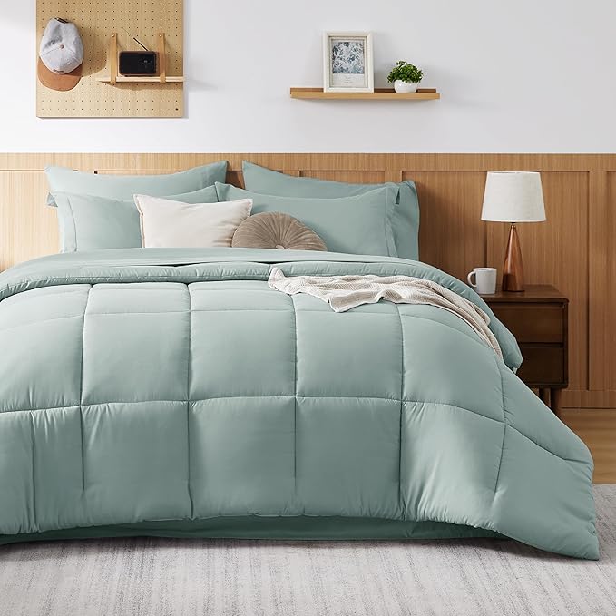 Bedsure Sage Green King Size Comforter Set - 7 Pieces Solid King Bed in a Bag, King Bed Set Sage Green with Quilted Warm Fluffy Comforters, Sheets, Pillowcases & Shams