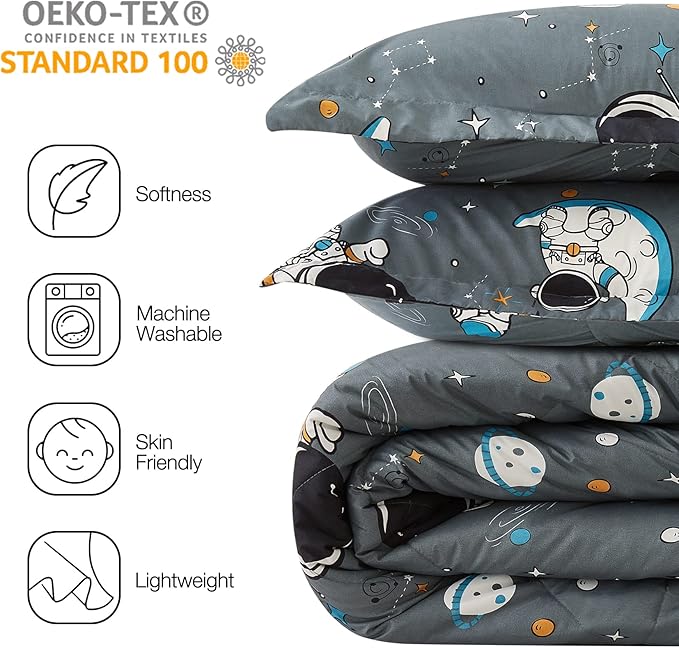 JSD Grey Astronaut Kids Comforter Set for Boys Toddler, 2 Pieces Twin Microfiber Comforter with Pillow Sham, Soft Comfortable Machine Washable