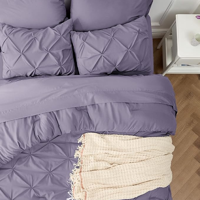 Bedsure Grayish Purple Comforter Set Queen - Bed in a Bag Queen 7 Pieces, Pintuck Beddding Sets Green Bed Set with Comforter, Sheets, Pillowcases & Shams