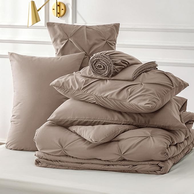 Bedsure Khaki Comforter Set Queen - Bed in a Bag Queen 7 Pieces, Pintuck Beddding Sets Green Bed Set with Comforter, Sheets, Pillowcases & Shams