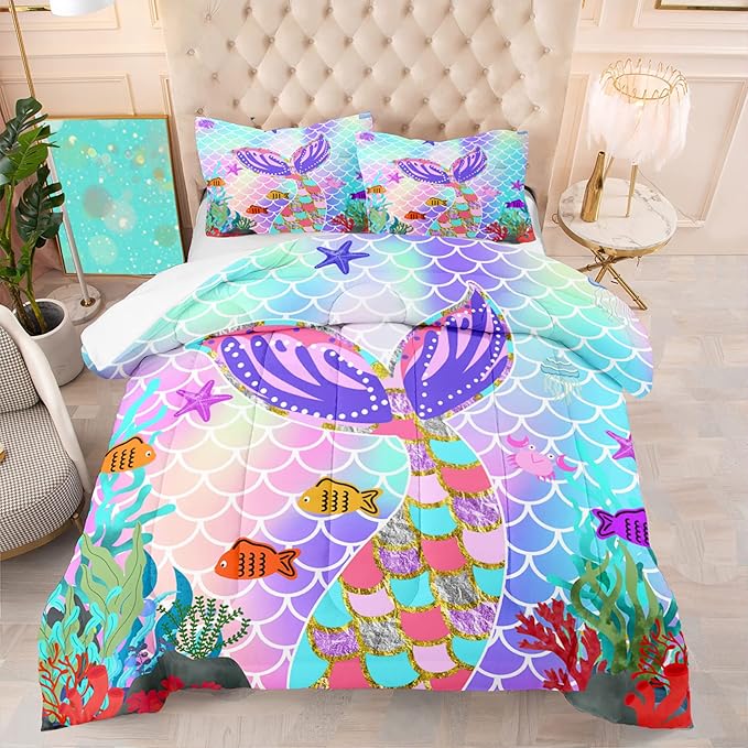 Mermaid Tail Comforter Set Queen Size, 3Pcs Rainbow Mermaid Fish Scales Bedding Set, Microfiber Kids Bedding Glitter Mermaid Tail Pattern Decor for Girls Bedroom1 Comforter 2 Pillowcase
