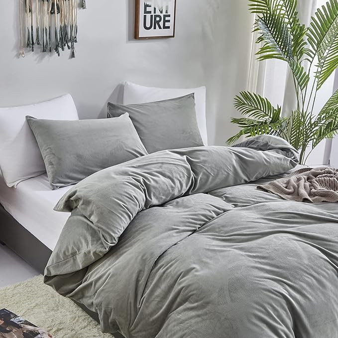 Wellboo Grey Velvet Comforter Sets Queen Size Women Men Solid Gray Fluffy Bedding Comforters Modern Dark Grey Plush Aesthetic Quilts Plain Gray Shaggy Dorm Blankets Minimalist Flannel Thick Sherpa Bed
