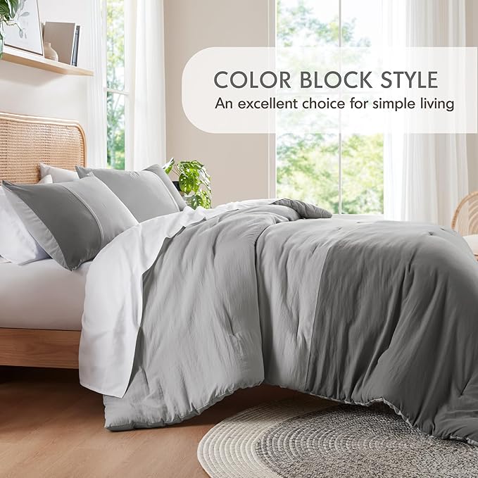 Grey Comforter Queen Set - Modern Soft Farmhouse Comforter Sets for Men, Masculine Colorblock Pattern Bedding Set for All Season, 3 Pieces includes 1 Comforter, 2 Shams (90"x 90")