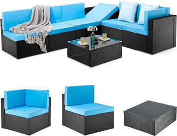 Pamapic Patio Furniture Set, 7 Pieces Modular Outdoor Sectional, Patio Sectional Sofa Conversation Set, Rattan Sofa with Coffee Table and Washable Cushions Covers, Black Rattan and Blue Cushions