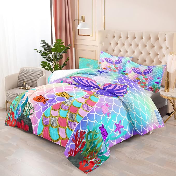 Mermaid Tail Comforter Set Queen Size, 3Pcs Rainbow Mermaid Fish Scales Bedding Set, Microfiber Kids Bedding Glitter Mermaid Tail Pattern Decor for Girls Bedroom1 Comforter 2 Pillowcase