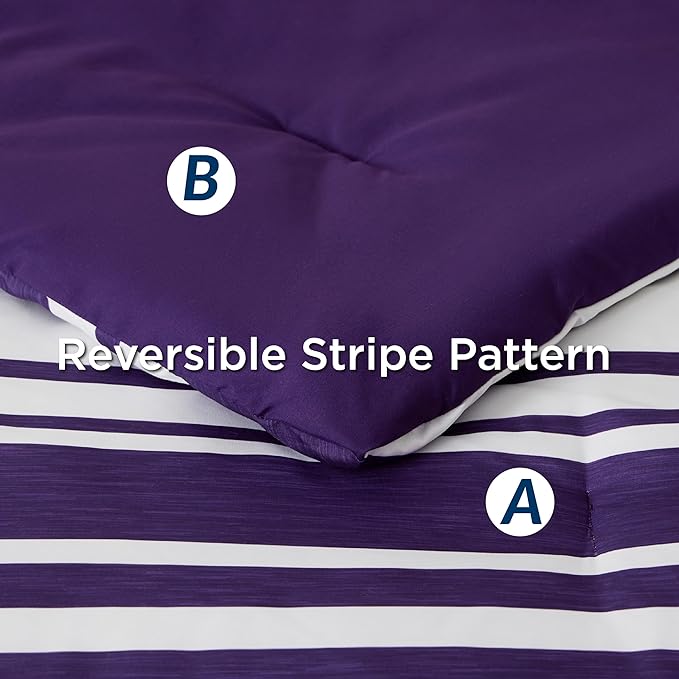 Bedsure Bed in a Bag King Size 7-Piece Purple White Striped Bedding Comforter Sets All Season Bed Set, 2 Pillow Shams, Flat Sheet, Fitted Sheet and 2 Pillowcases