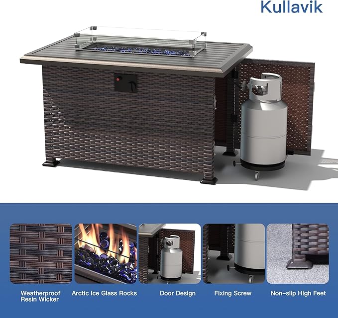 Kullavik 15 Pieces Outdoor Patio Furniture Set with 43" 55000BTU Gas Propane Fire Pit Table PE Wicker Rattan Sectional Sofa Patio Conversation Sets,Khaki