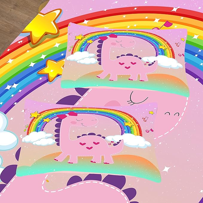Tailor Shop Pink Dinosaur Bedding Set Twin Size,Dinosaur Comforter Set for Girls,Cartoon Rainbow Dino Comforter Sets for Kids Teens，with 1 Comforter 1 Pillowcase…