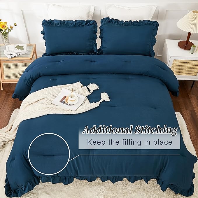 Andency California King Comforter Set Navy Blue, 3 Pieces Cal King Solid Ruffle Shabby Chic Bedding Comforter, Oversized Lightweight Soft Microfiber Bed Comforter