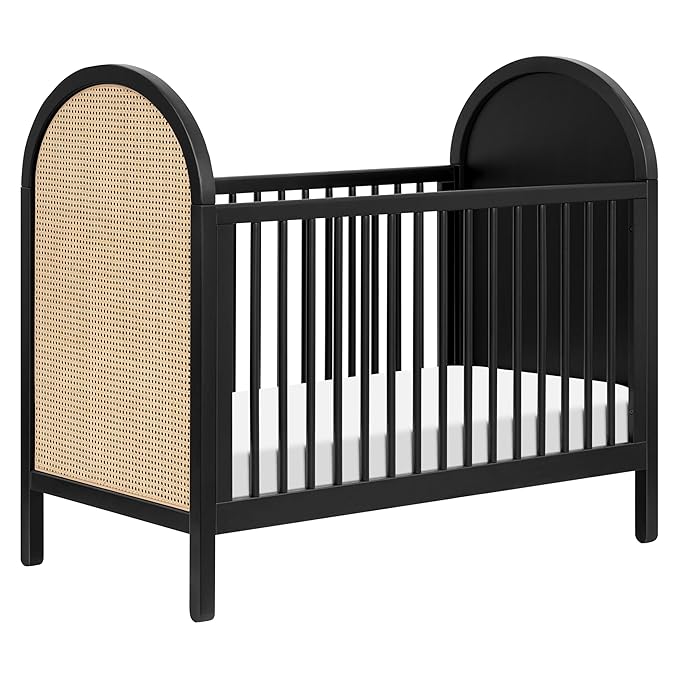 babyletto Bondi Cane 3-in-1 Convertible Crib with Toddler Bed Conversion Kit in Black with Natural Cane, Greenguard Gold Certified