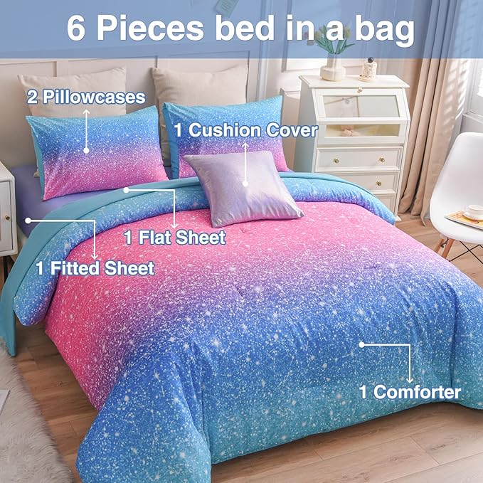 A Nice Night 6Pcs Gradient Glitter Bedding Set for Girls Full Size, Colorful Rainbow Galaxy Comforter Set, Ultra Soft Bedding Sets, Blue