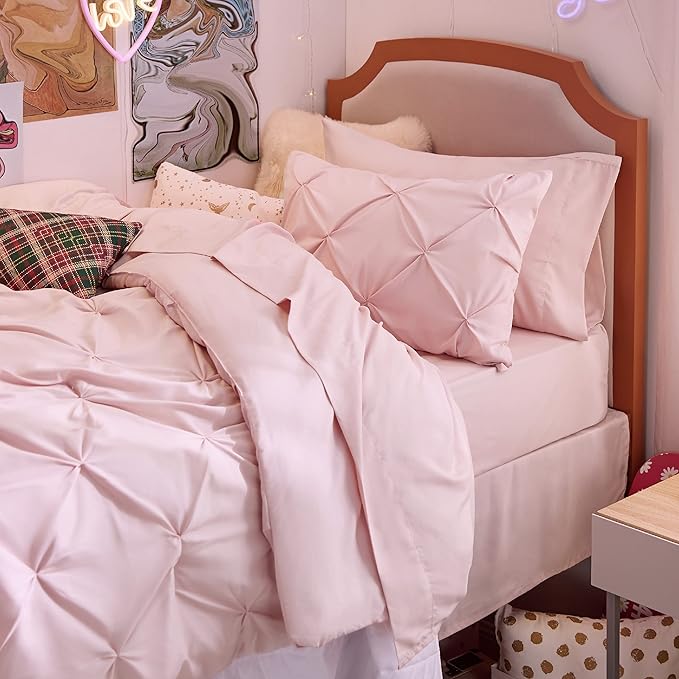 Bedsure Pink Twin Comforter Set for Girls - 5 Pieces Twin Bedding Sets, Pinch Pleat Pink Twin Bed in a Bag with Comforter, Sheets, Pillowcase & Sham