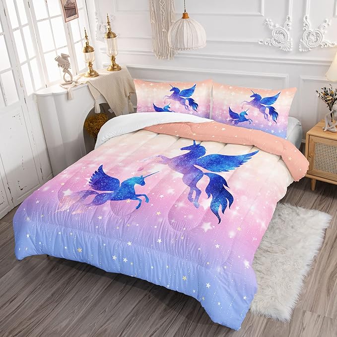 Datura home Bedding Comforter Set Starry Sky Unicorn Printed Pattern Quilt with 1 and 2 Pillowcases for Girls Bedroom All Season(Purple Twin) Twin 68x86inches