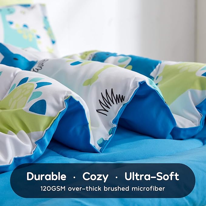 SLEEP ZONE Kids Bedding Comforter Set Full/Queen Size - Super Cute & Soft Kids Bedding 7 Pieces Set with Comforter, Sheet, Pillowcase & Sham (Cute Dino)
