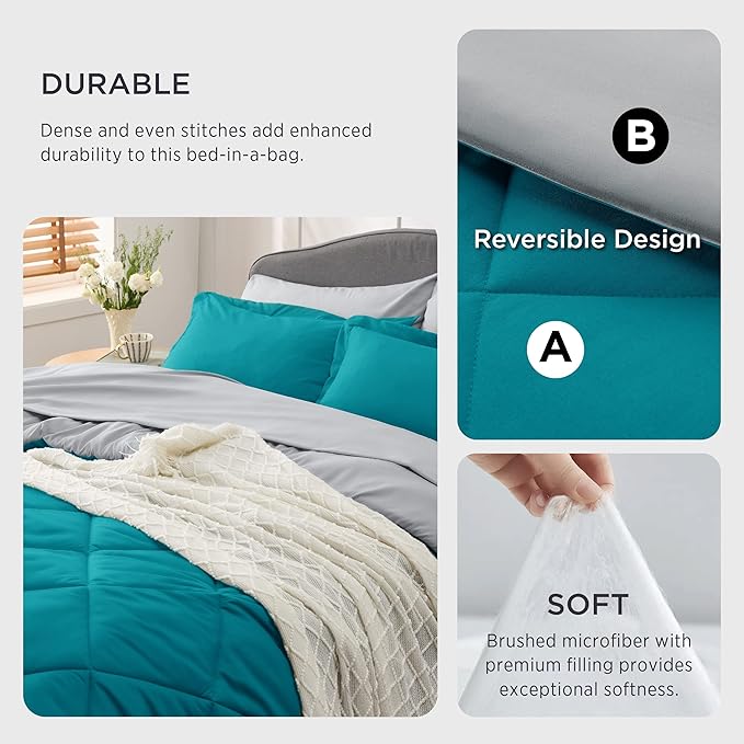 Bedsure Teal Full Size Comforter Set - 7 Pieces Reversible Bed in a Bag Set with Comforters, Sheets, Pillowcases & Shams