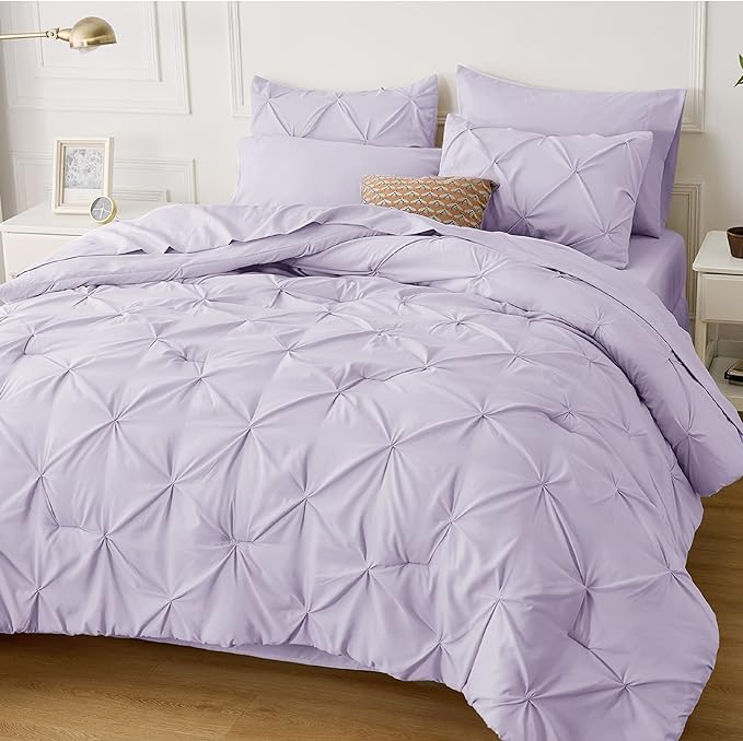 Bedsure Light Purple Comforter Set King - Bedding Set King 7 Pieces, Pintuck Bed in a Bag Purple Bed Set with Comforter, Sheets, Pillowcases & Shams
