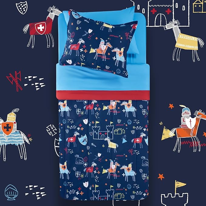 SLEEP ZONE 7 Pieces Kids Comforter Bed in A Bag, Soft Lightweight, Fluffy & Durable Children Bed Set with Comforter, Sheet, Pillowcase & Sham (Knight‘s Tale, Full/Queen)