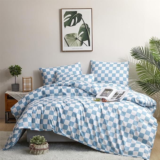 Blue White Grid Comforter Set King Blue Plaid Bedding Set Women Blue and White Checkered Bed Comforter Set Breathable Blanket Set Men Durable Bedding Comforter Set