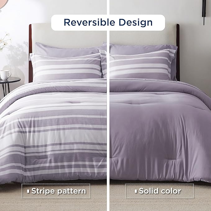 Bedsure Bed in a Bag Twin Size 5 Pieces, Purple White Striped Bedding Comforter Sets All Season Bed Set with 1 Pillow Sham, Flat Sheet, Fitted Sheet and 1 Pillowcase