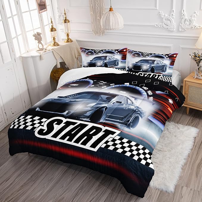 Axolotl Race Car Comforter Set Queen Size,Extreme Sports Bedding Set for Boys Teens Kids Girls Room Decor,Cool Speed Luxury Car Quilt Bed Set with 1 Comforter 2 Pillowcases Car Racing Gifts