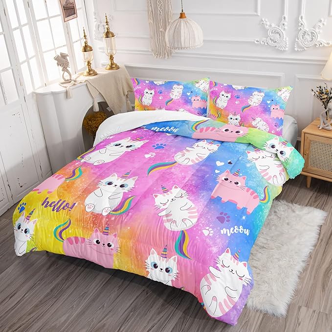 Axolotl Cat Bedding Twin Cartoon Cat Comforter Set,Rainbow Printed Kids Bedding Set for Girls Kids Adults Teens,Kids Comforter Set All Season,1 Quilt 2 Pillow Cases,Colorful Pink Blue