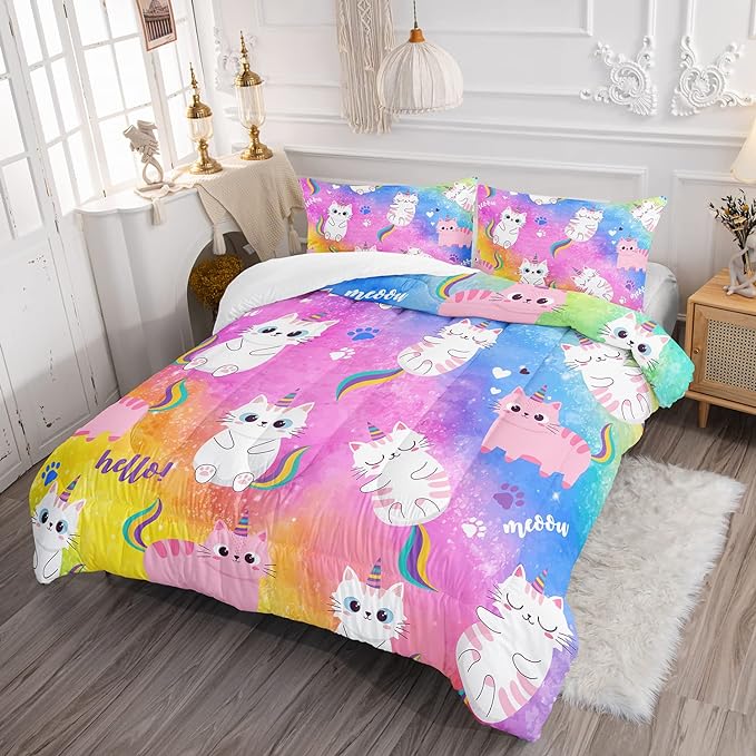 Axolotl Cat Bedding Queen Cartoon Cat Comforter Set,Rainbow Printed Kids Bedding Set for Girls Kids Adults Teens,Kids Comforter Set All Season,1 Quilt 2 Pillow Cases,Colorful Pink Blue