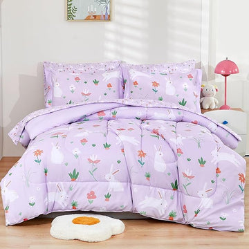 Mooreeke Bed in a Bag for Kids Girls Teens, 7 Pieces Full Size Comforter Bed Set with Shams, Sheet Set, Rabbit Purple Super Soft Microfiber Kids Comforter Bedding Set