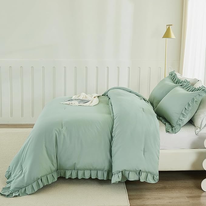 Andency Sage Green Comforter Set King, 3 Pieces Vintage Farmhouse Shabby Chic Ruffle Comforter, Lightweight Soft All Season Microfiber Down Alternative Bedding Comforter Set (104x90Inch, Green)