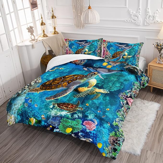CVHOUSE Sea Turtle Comforter Set,Ocean Sea Turtle Bedding Set for Kids Teens,Ocean Sea Turtle Comforter Sea Turtle Duvet Set Room Decor Quilt Set Twin Size