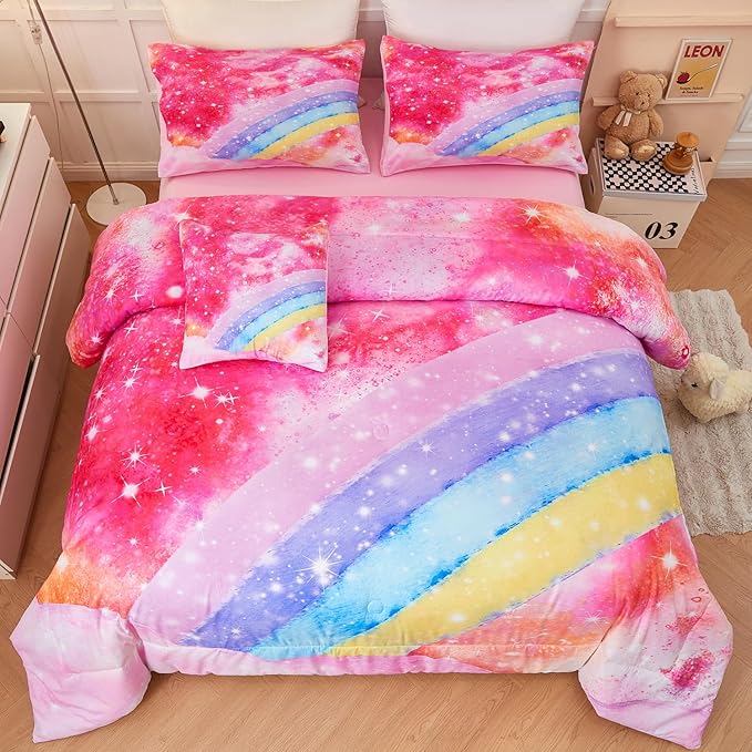 6 Pieces Rainbow Queen Size Bed in A Bag for Girls/Kids/Teens, Colorful Sparkle Tie Dye Girls Comforter Set, Soft Sparkle Glitter Galaxy Bed Sets for All Season