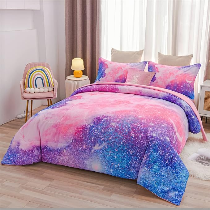 A Nice Night Galaxy Bedding Sets Outer Space Comforter 3D Printed Space Quilt Set Queen 6Pcs Glitter Pink,for Children Boy Girl Teen Kids