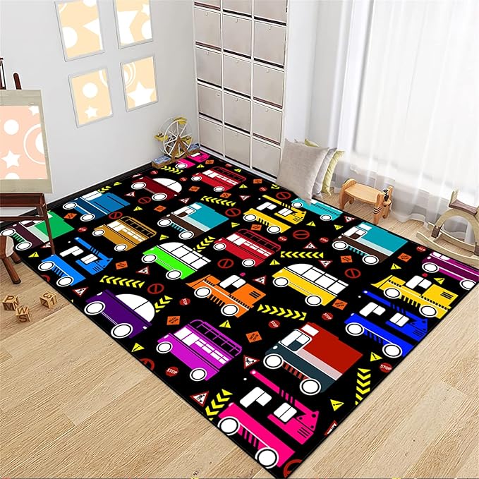 Car Play Mat Kids Rugs for Playroom Car Track Rug Kids Mat Construction Play Mat Car Play Rug Car Carpet for Kids Carpet for Bedroom Truck Rugs for Boys Room,Black 3'×5'