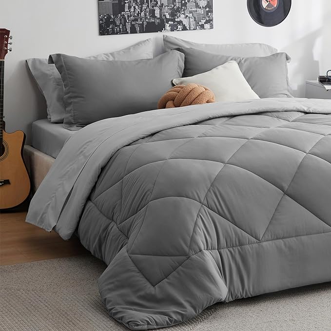 Bedsure Twin Comforter Set - 5 Pieces Reversible Twin Bed Set, Grey Extra Long Twin Bed in a Bag with Comforters, Sheets, Pillowcase & Sham, Bedding Set Twin for College
