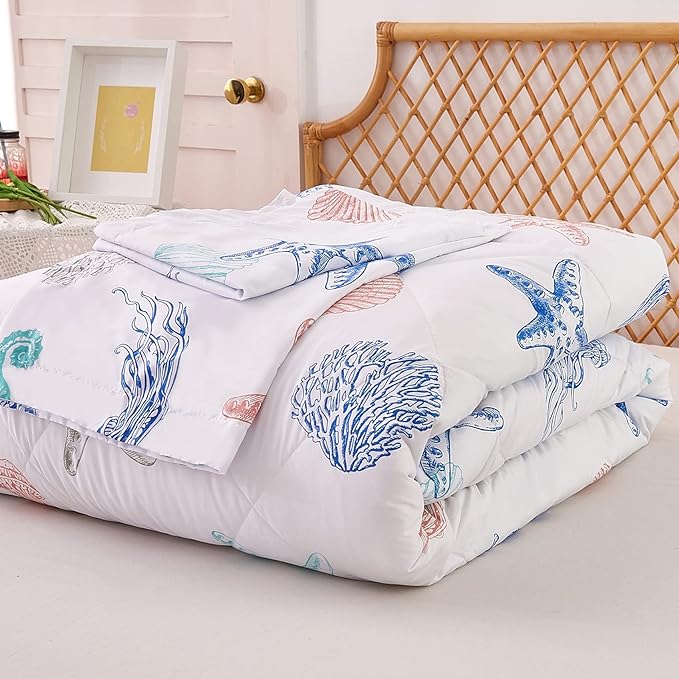 JSD Beach Theme 2 Piece Twin Kids Comforter Set, Jellyfish Starfish Shell Printed Comforter with Pillow Sham, Soft Comfortable Machine Washable