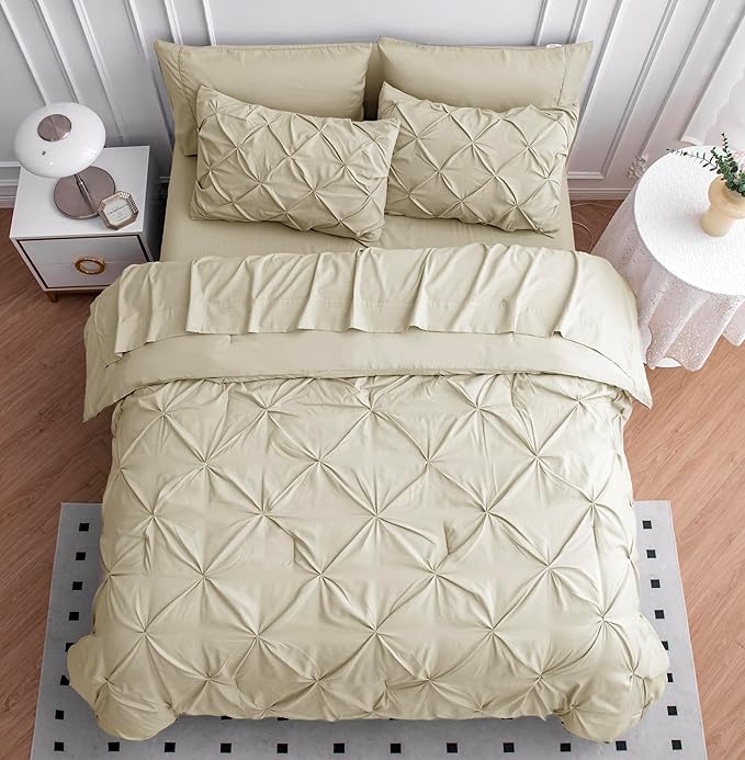 LANE LINEN California King Comforter Set, 7 Piece Cal King Bed in a Bag, Pintuck Cal King Bedding Set, Soft Cali King Bed Set, Cal King Bedding Comforter Sets with Sheets, Pillowcases & Shams - Linen