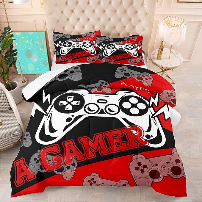 Gaming Comforter Sets for Boys Video Game Full Size Comforter Set for All Seasons Gamer Bedding Sets for Kids Bedroom Black and Red Gamepad Boys Bedding 1 Comforter and 2 Pillowcases