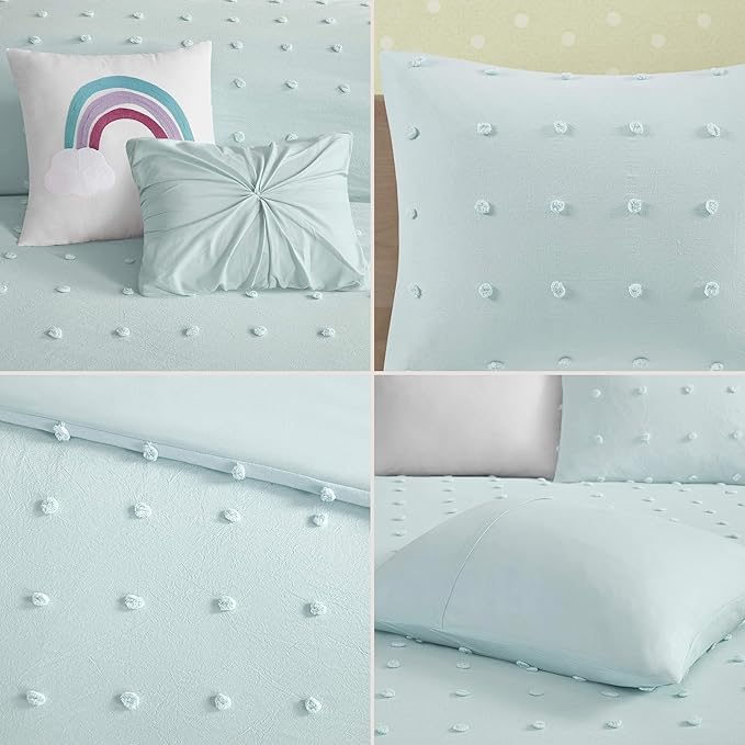 Callie Cotton Jacquard Weave Colorful Pom Pom Kids Comforter sets, Down Alternative Shabby Chic All Season Girls Bedding, Bedroom Decor, Full/Queen,Aqua 5 Piece