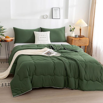 COTTEBED 3PCS Olive Green Comforter Set Queen Size - Jersey Knit T-Shirt Feeling Ultra-Soft Cute Cozy Lightweight Bedding Blanket Quilt Down Set & Pillowcase for All Season Use, Full Queen 88x92 inch