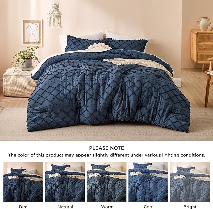 Bedsure King Size Comforter Set - Navy Blue Comforter, Boho Tufted Shabby Chic Bedding Comforter Set, 3 Pieces Farmhouse Bed Set for All Seasons, Fluffy Soft Bedding Set with 2 Pillow Shams