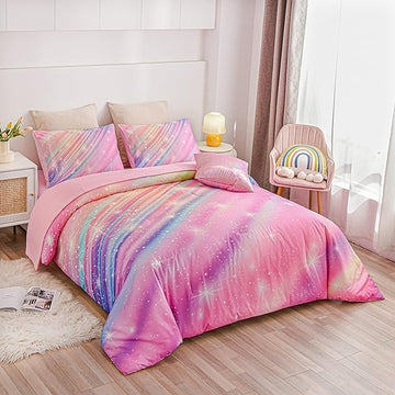 Btargot 6 Pieces Pink Gradient Star Ring Comforter Set for Boys Girls Teens, Twin Size Colorful Glitter Rainbow Star Galaxy Bedding Set