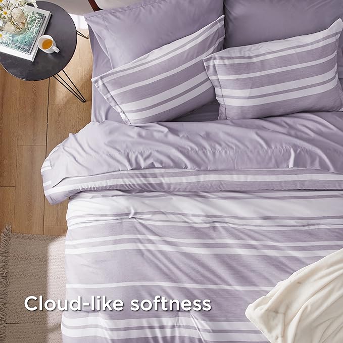 Bedsure Bed in a Bag Queen Size 7 Pieces, Purple White Striped Bedding Comforter Sets All Season Bed Set, 2 Pillow Shams, Flat Sheet, Fitted Sheet and 2 Pillowcases
